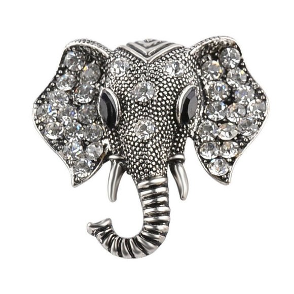 Silver Tone ELEPHANT HEAD PIN Clear Crystal Ears Black Crystal Eyes Boxed - Picture 1 of 3